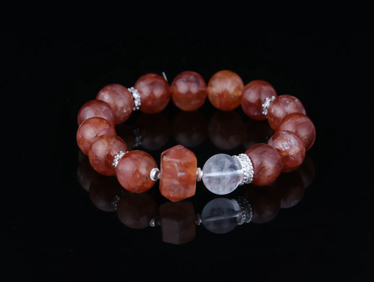 高品天然水晶紅膠花白幽靈手串生辰定制