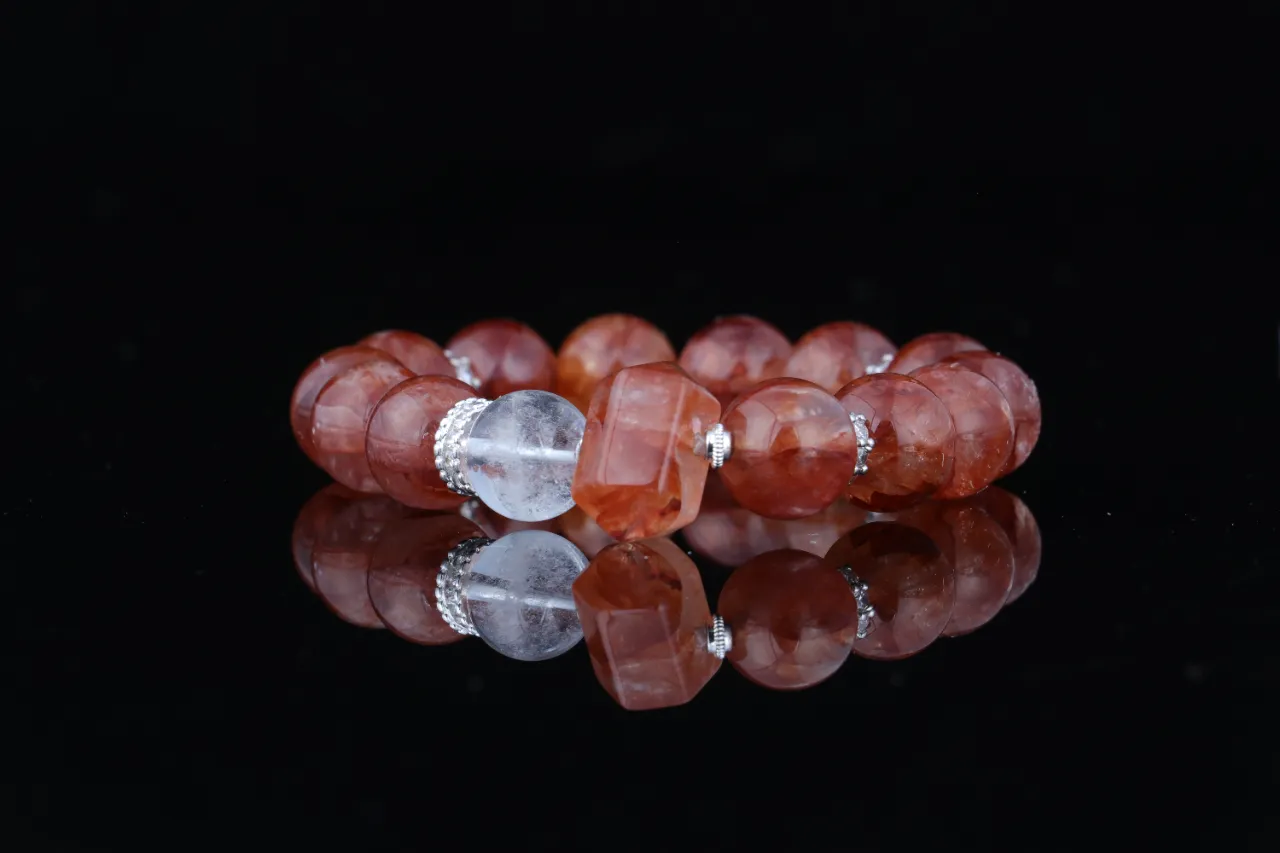 高品天然水晶紅膠花白幽靈手串生辰定制 2