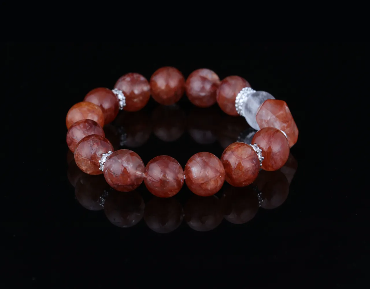 高品天然水晶紅膠花白幽靈手串生辰定制 6